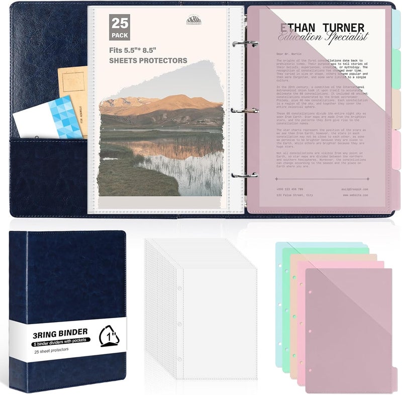 WANGDEFA （Half Size）Pu Leather Mini 3 Ring Binder with 5-Tabs Pocket Dividers & 25 Sheet Protectors 5.5 x 8.5 Professional Organizer Cute Organizer Binders 1" D Rings for Small Binder Paper School Office(Blue) - Image 1